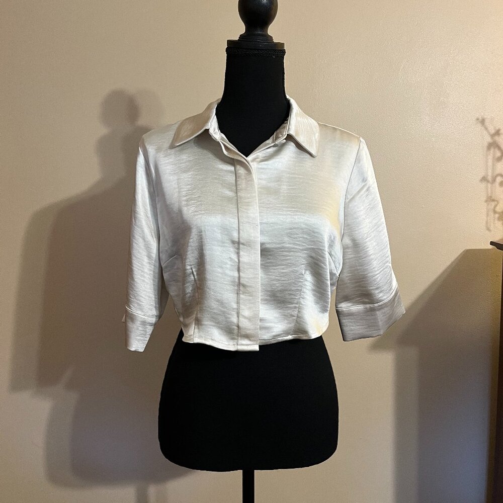 Forever 21 Silky Satin Cream Short Sleeve Collared Button Down Crop Top